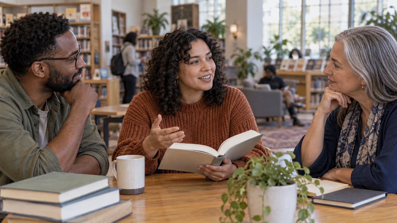 Three adults talking around an open book at a library table.