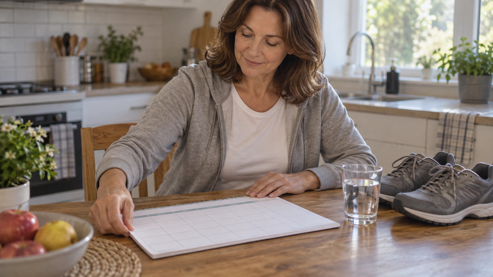 Blank weekly planner beside walking shoes and a water glass on a kitchen table.