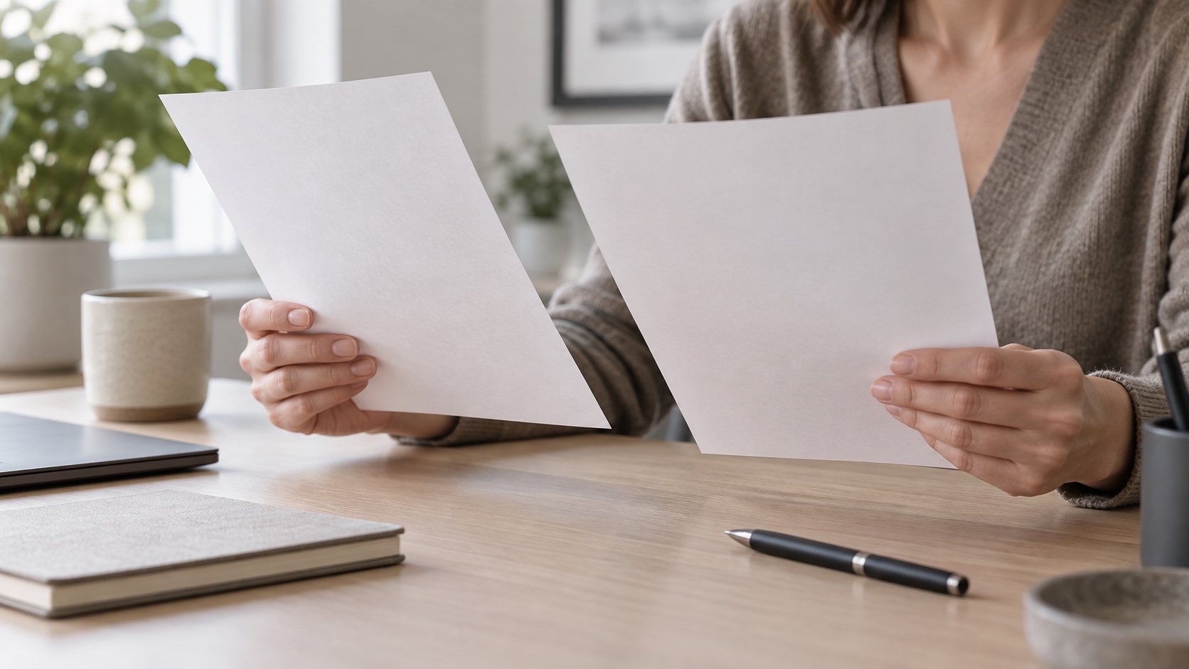 Unmarked paper sheets and a pen arranged for editorial review.
