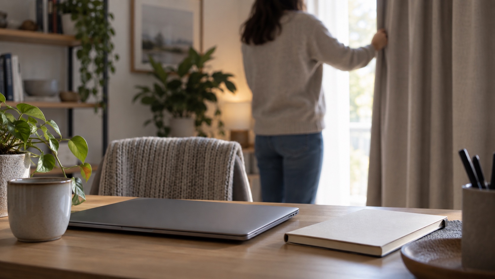 Closed laptop and plain notebook on a home desk.