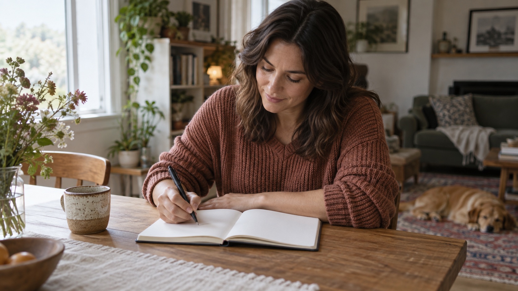 Adult writing in a notebook at a quiet table; no words are visible.