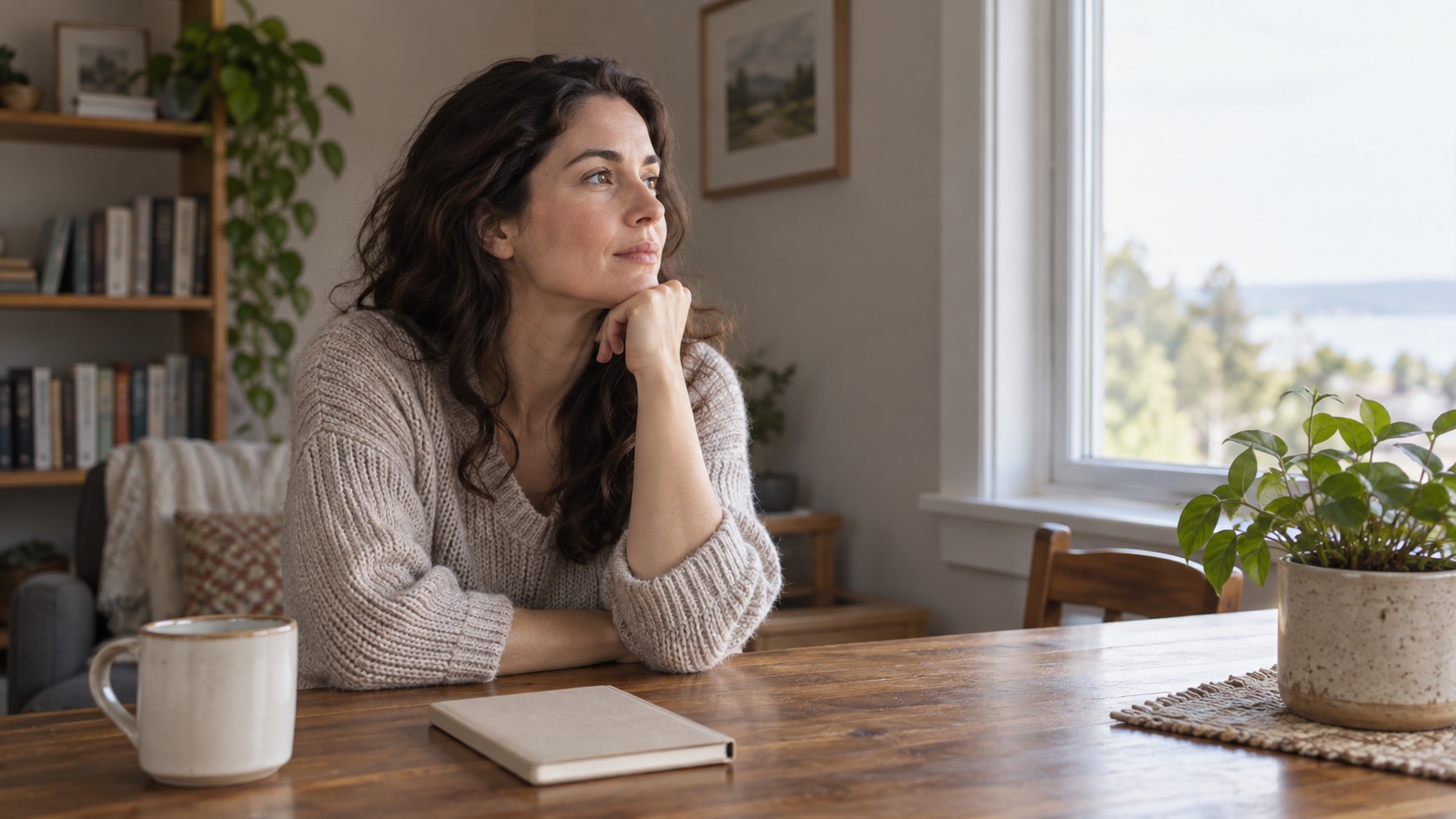 Adult taking a pause beside a closed notebook and a window.