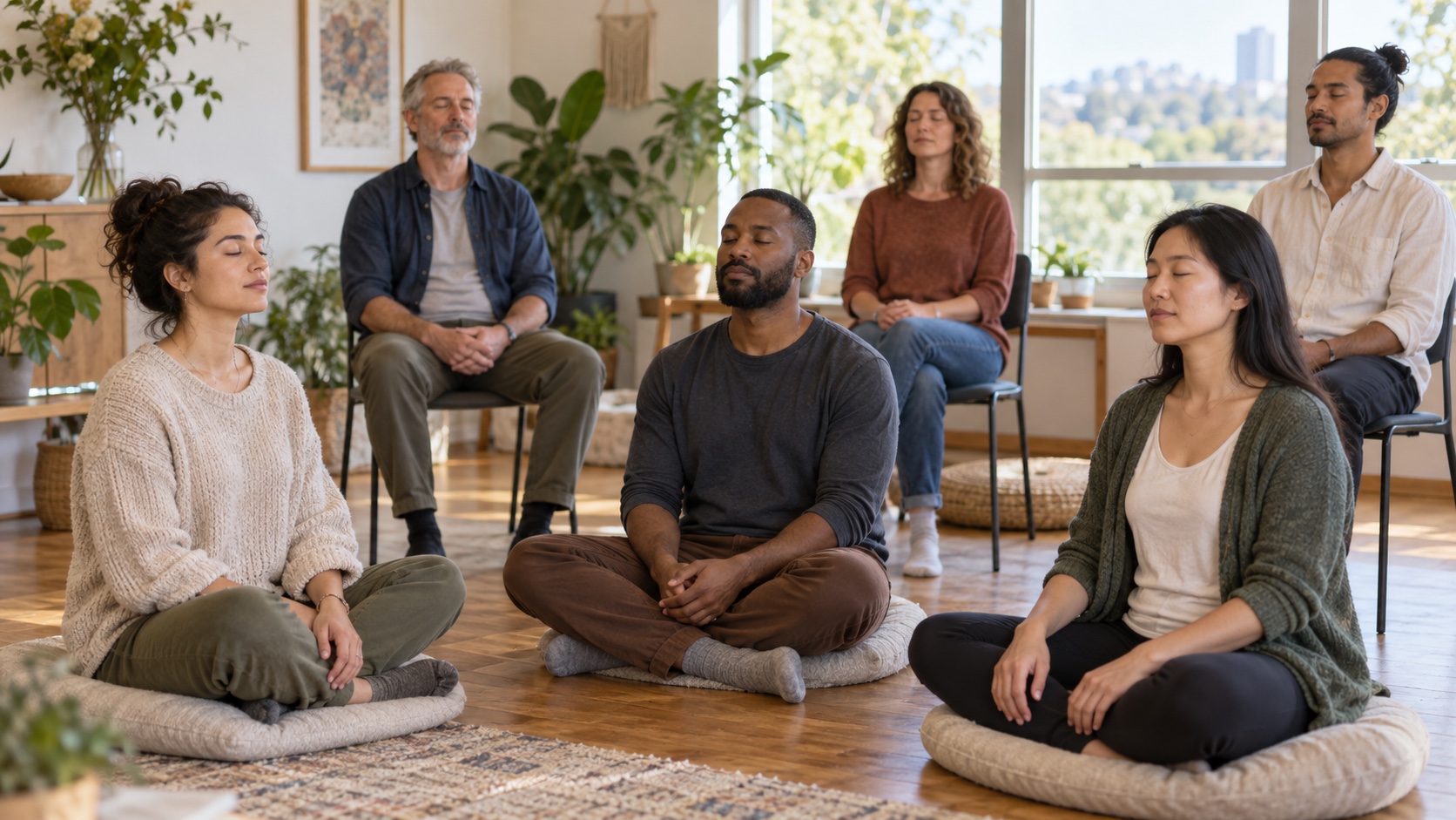 Adults seated comfortably in a quiet mindfulness class.