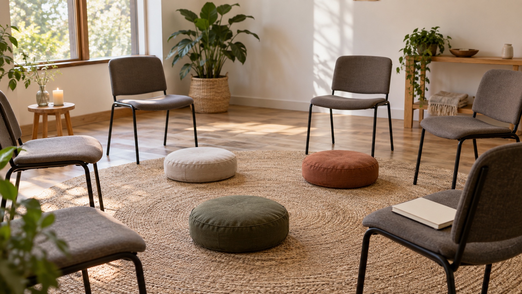 Adults seated in a community mindfulness session.