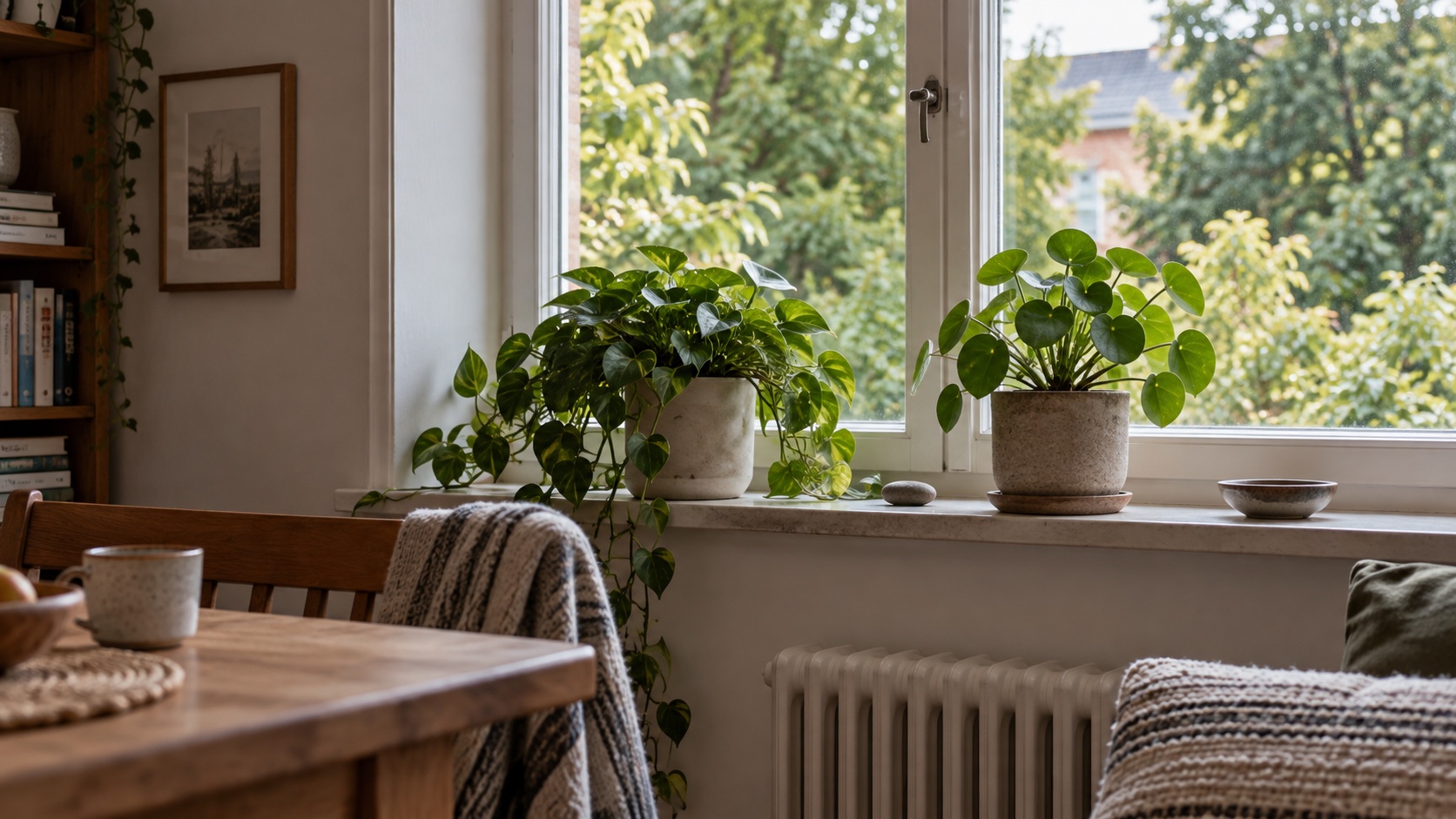 Houseplants beside a window overlooking a green outdoor space.