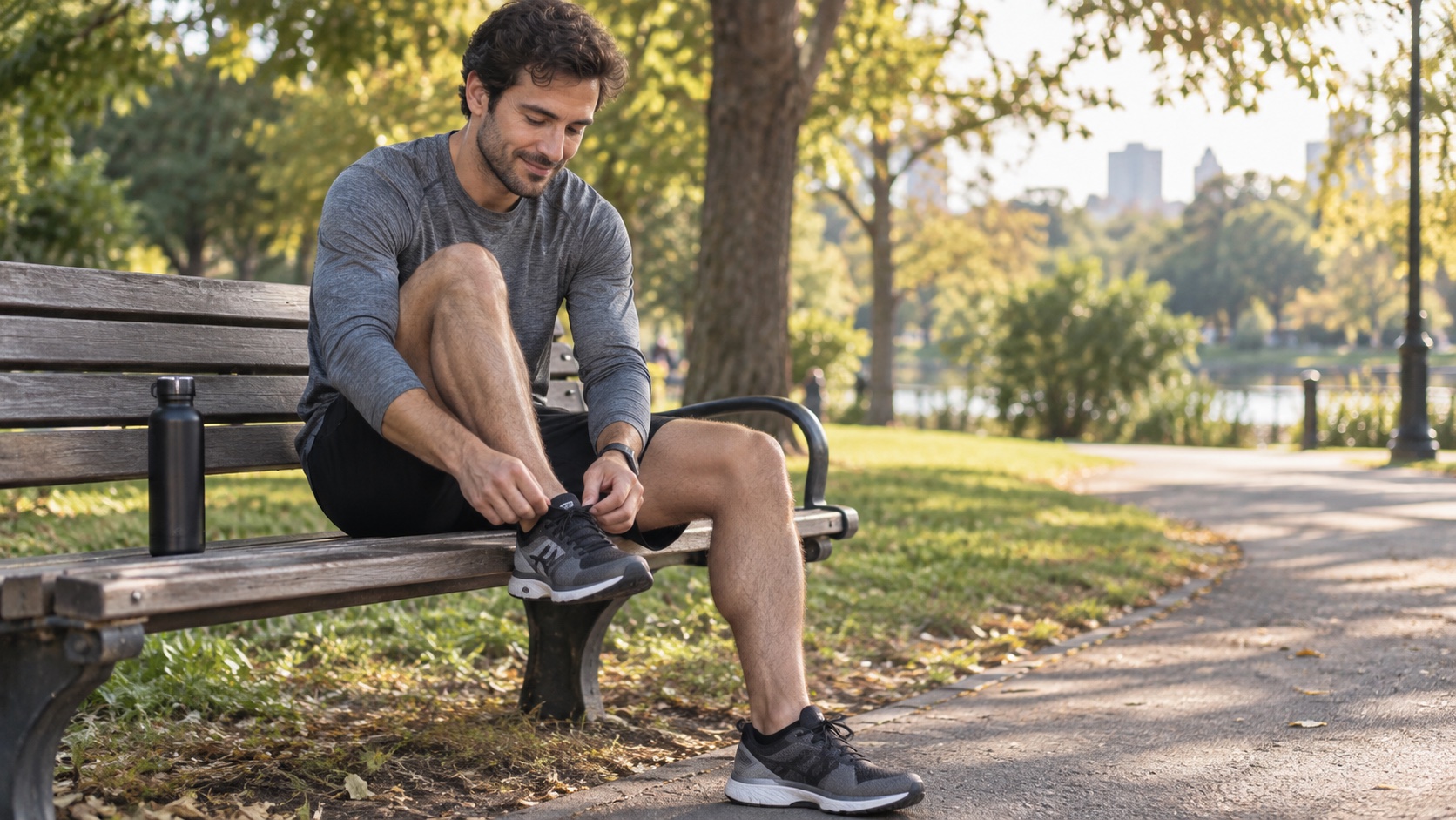 Runner resting on a park bench after a jog.