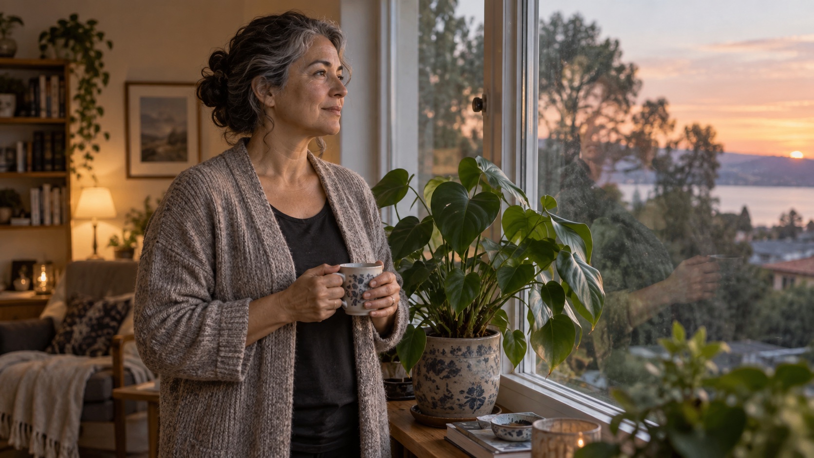 Adult reviewing a notebook beside a plant near a window.