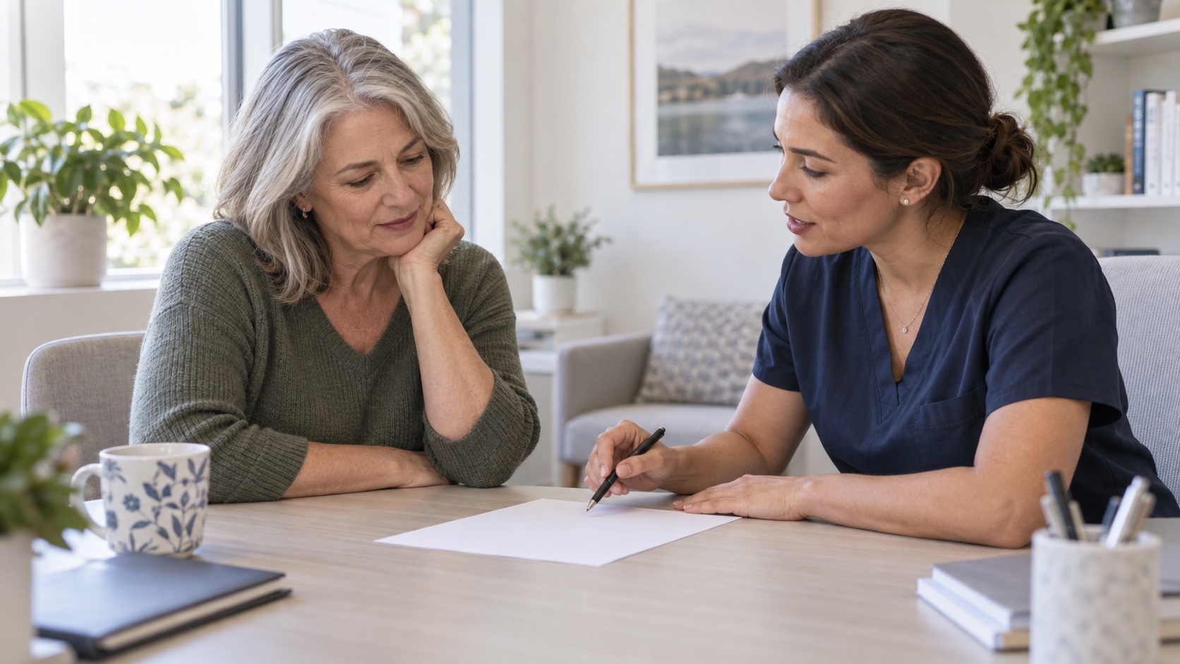 Woman speaking with a clinician over a blank sheet of paper.