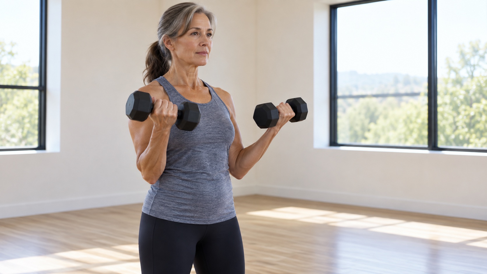 Woman performing a controlled dumbbell curl with unmarked weights in a plain exercise studio.