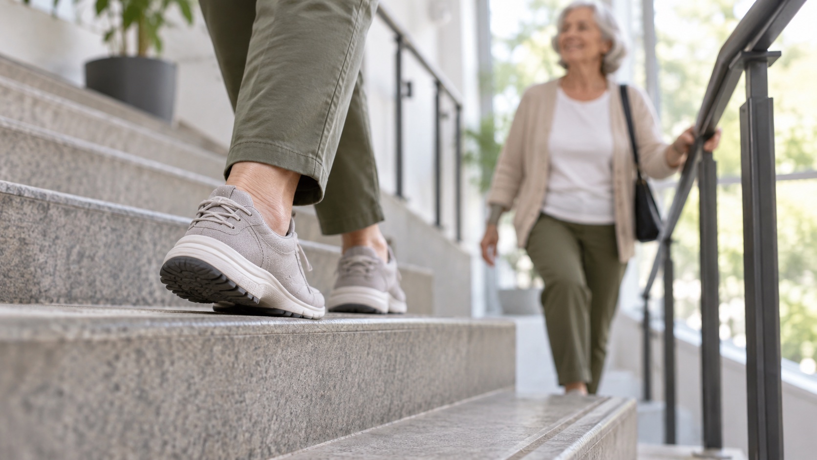 Walking shoes beside a curb and stair rail.