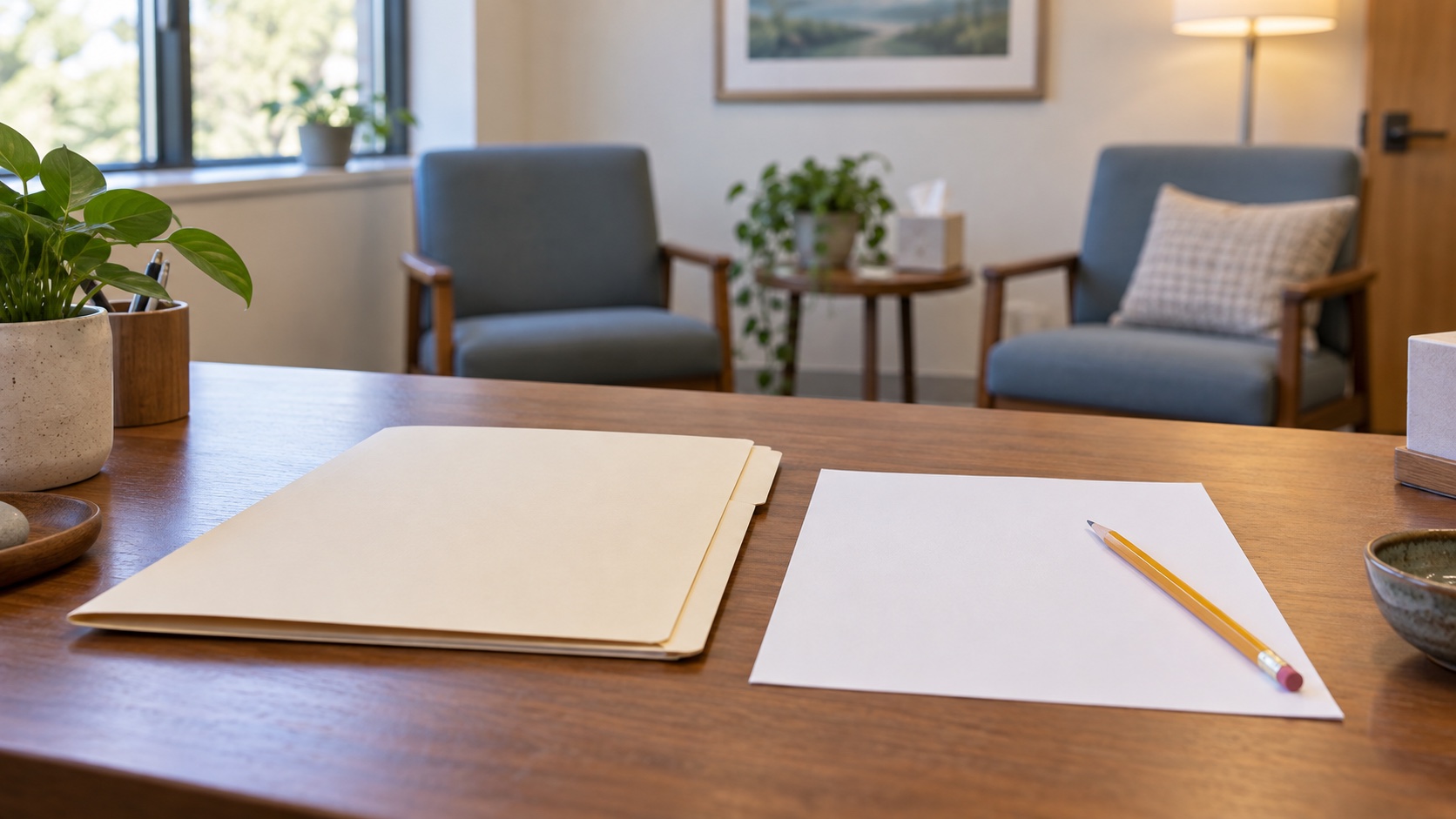 Blank health-history folder and plain paper beside a pencil in a consultation room.