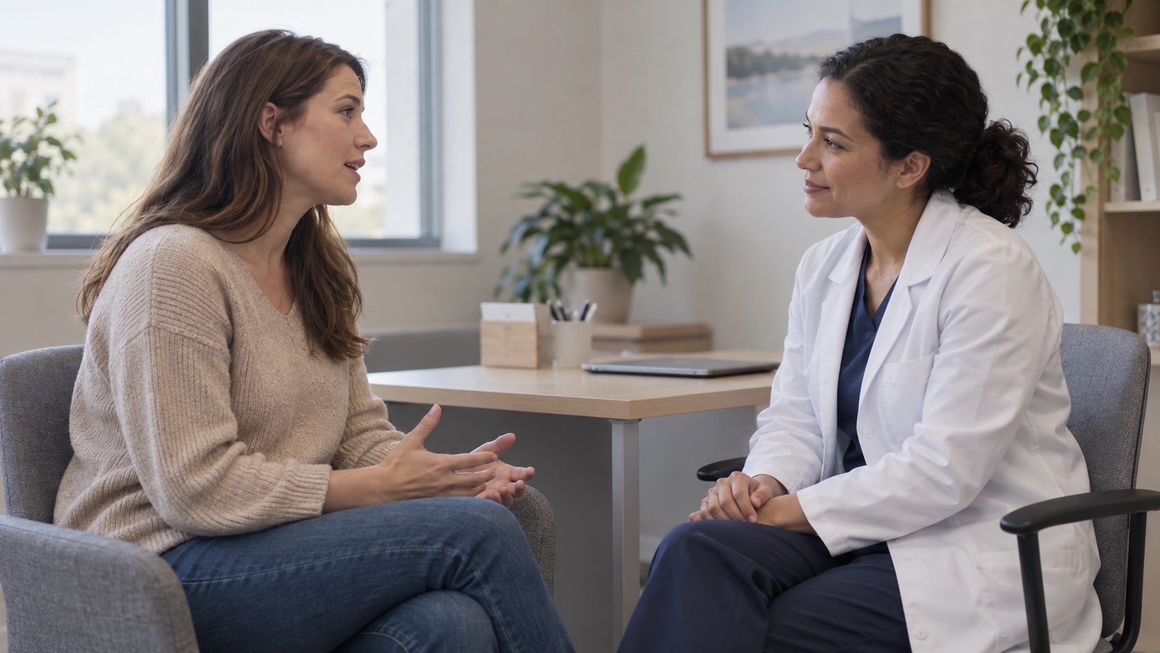 Woman speaking with a clinician in a neutral office.
