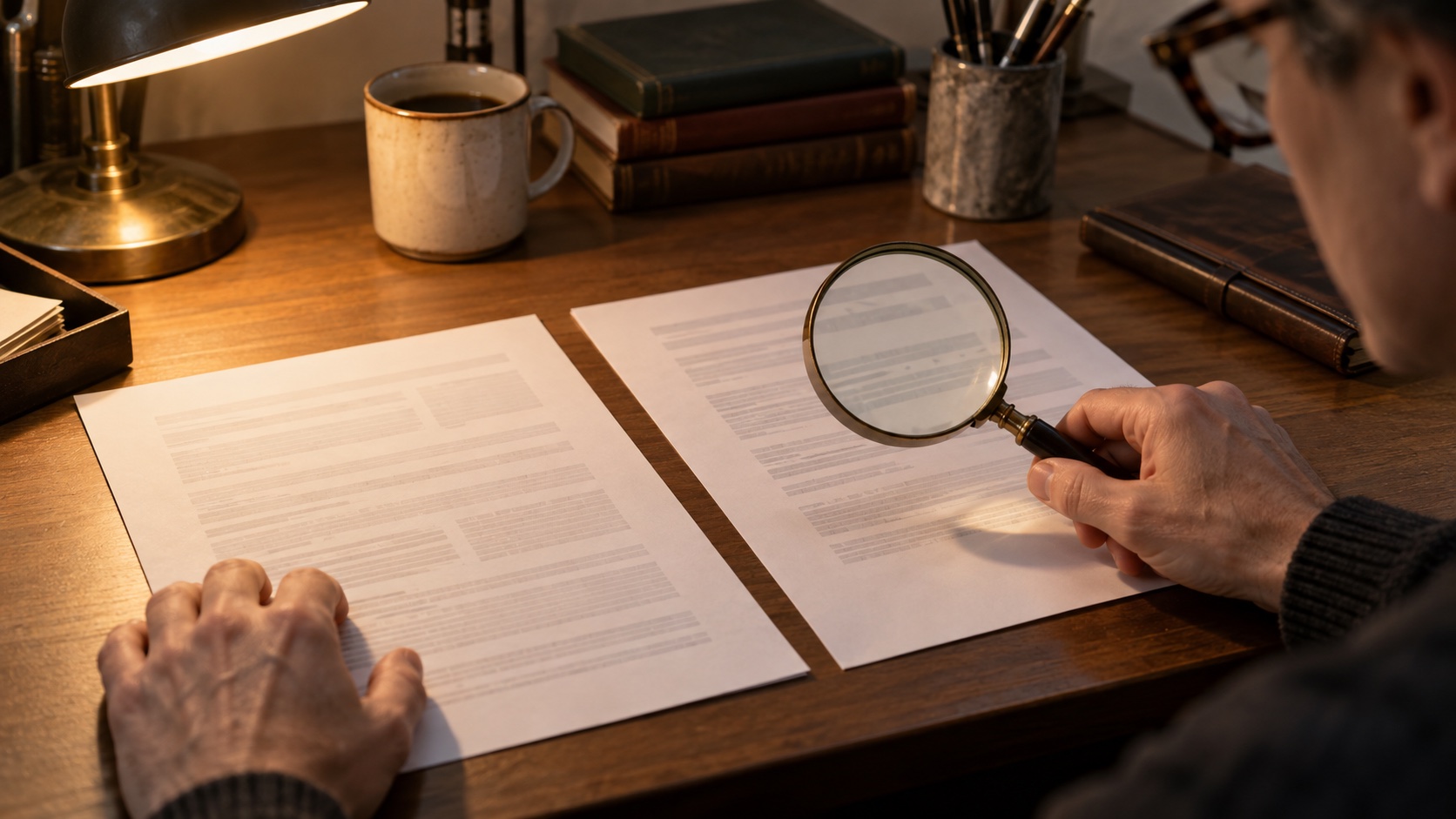 Unmarked printed sheets being compared under a desk lamp.