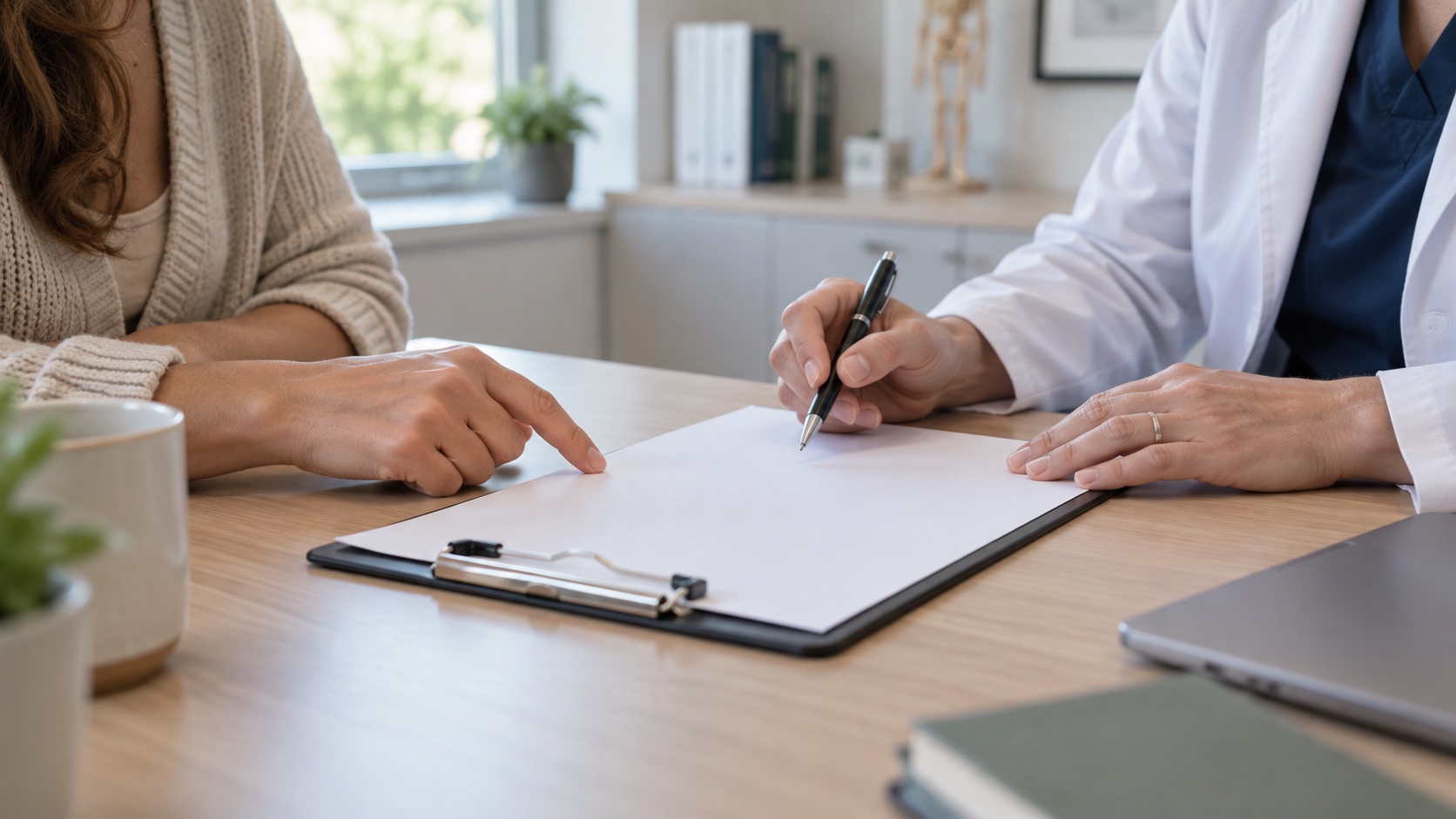 Woman and clinician discussing a plain notebook together.