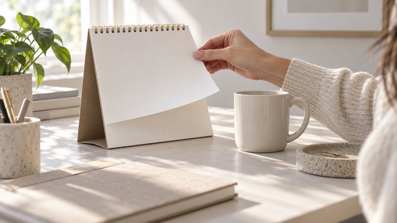 Woman looking at a blank calendar page by a window.