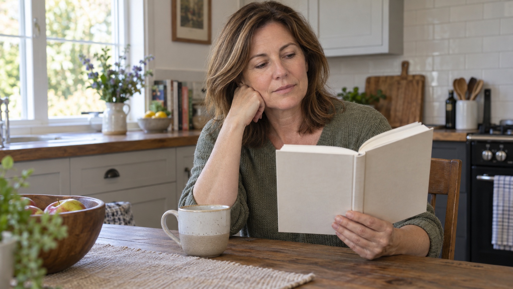Woman reading at a kitchen table in daylight.