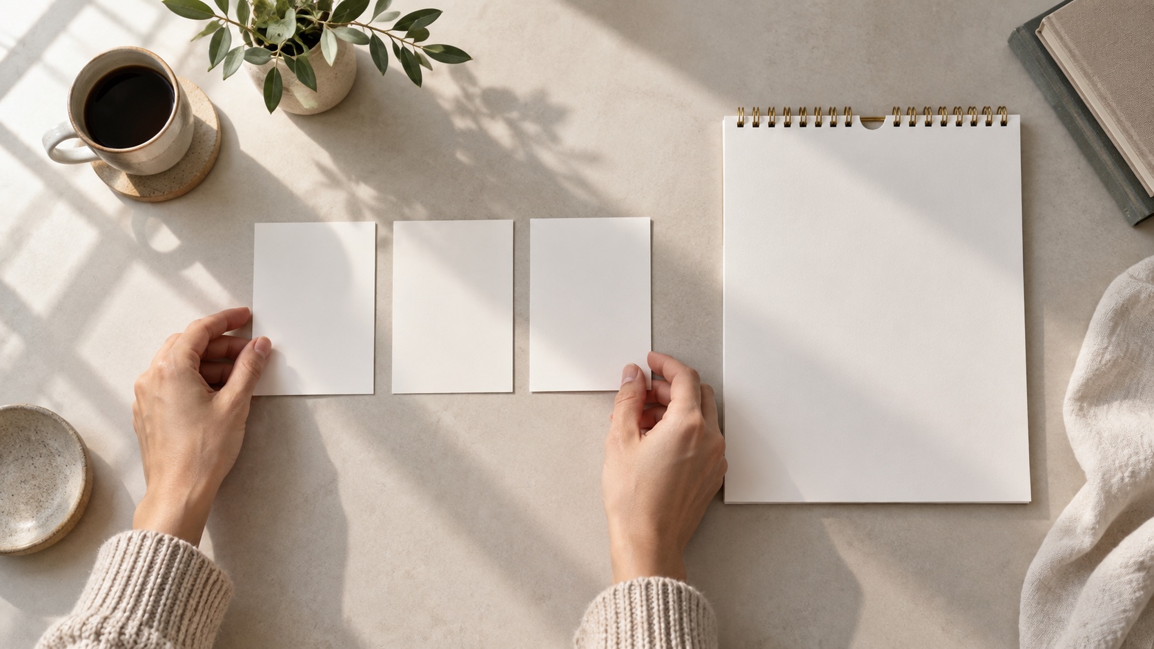 Three blank cards arranged in sequence beside a calendar.
