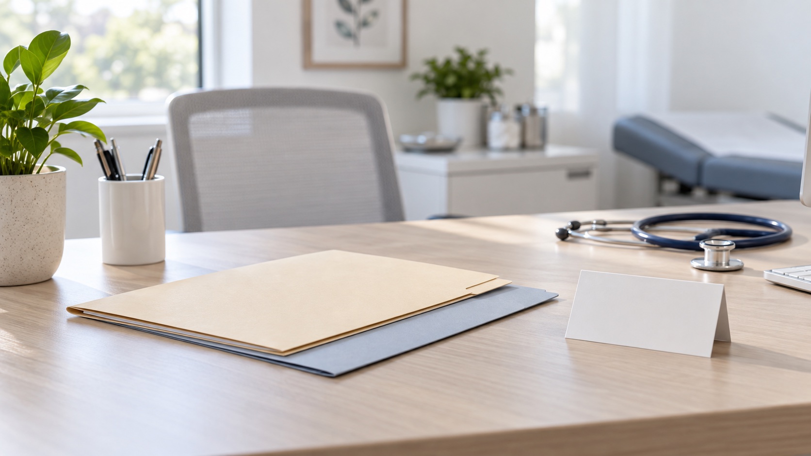 Woman and clinician reviewing two blank folders together.