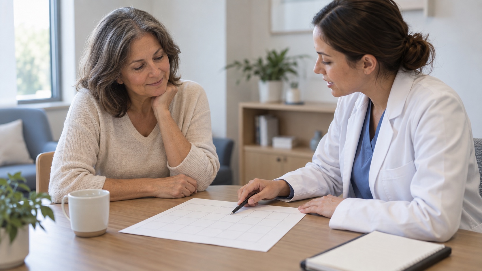 Woman and clinician discussing a blank calendar page.