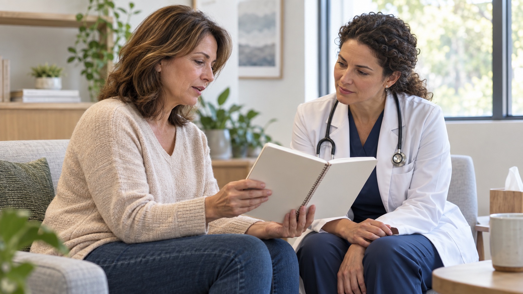 Woman sharing a blank notebook with a clinician.