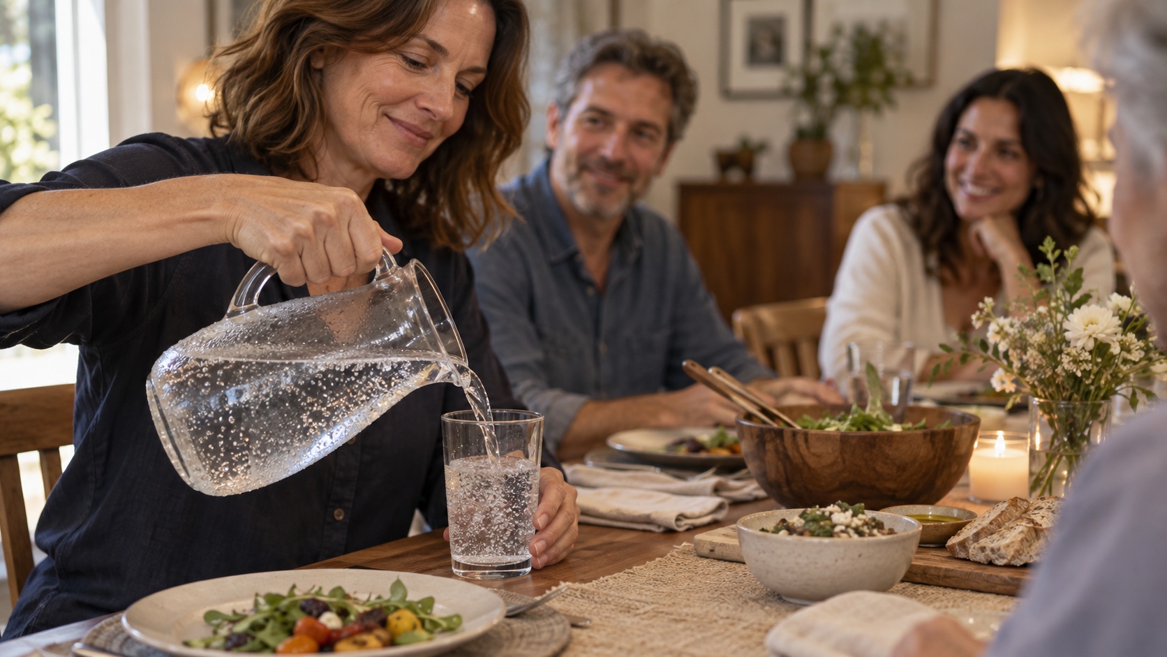 Woman pouring sparkling water at a dinner table.