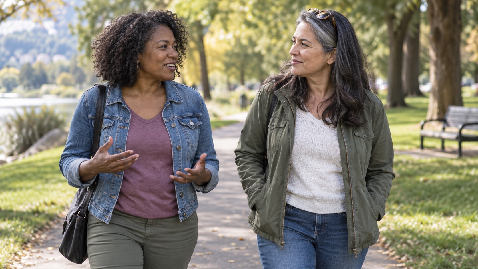 Two friends walking and talking in a park.