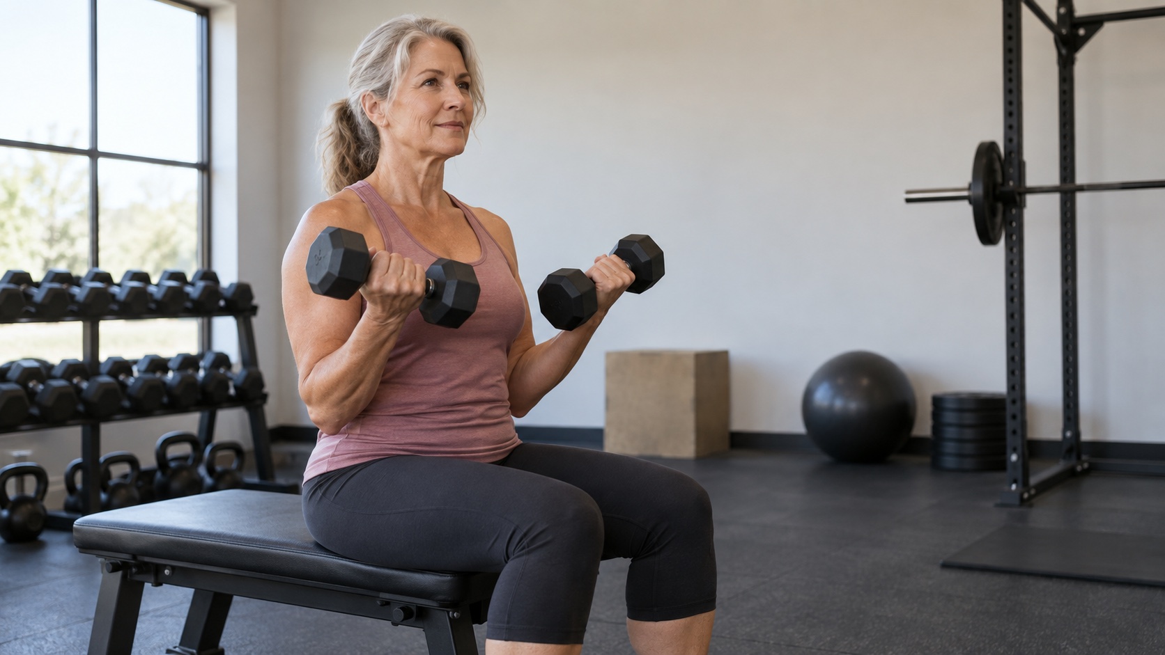 Woman performing a controlled dumbbell exercise.