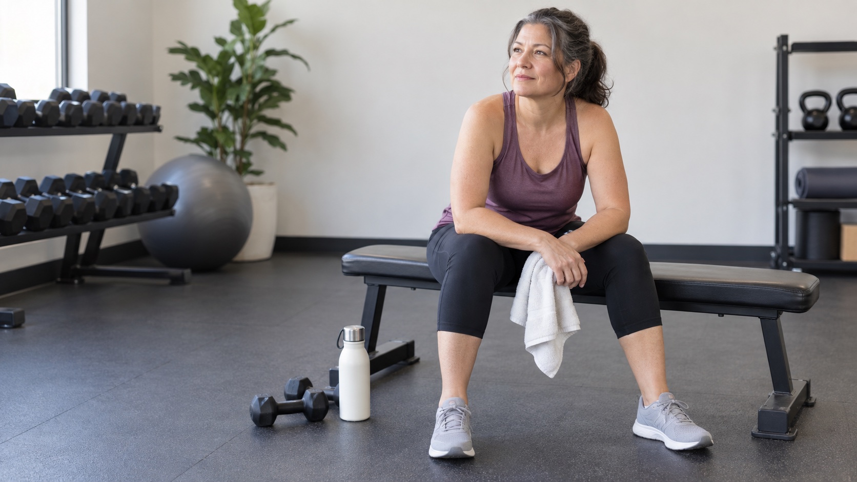 Woman resting between strength exercises in a community gym.