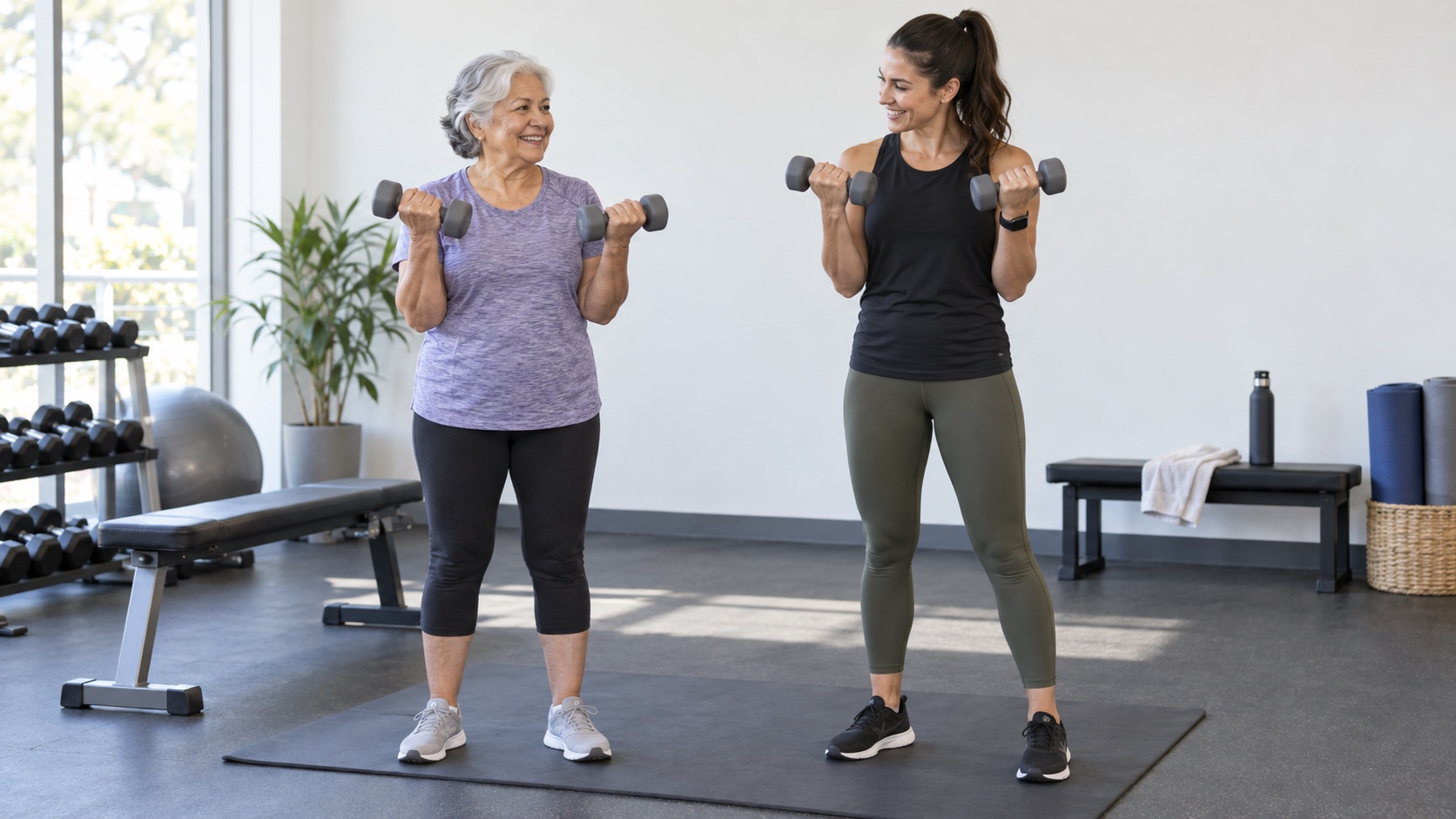 Older adult practicing a light dumbbell movement with an instructor nearby.