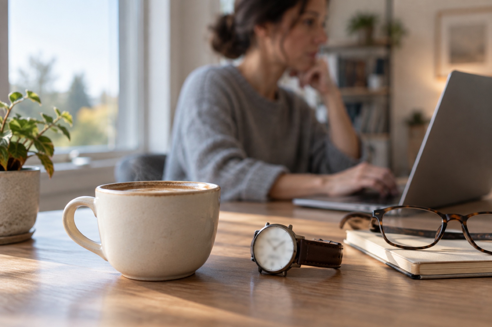 A ceramic coffee cup sits beside a plain wristwatch and reading glasses on a desk.