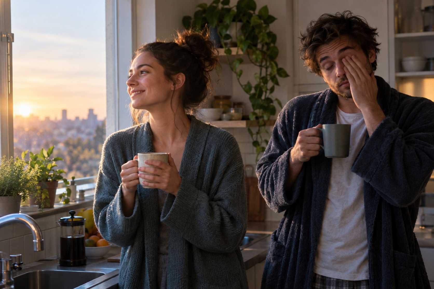 Two friends share coffee by a kitchen window in the early morning.