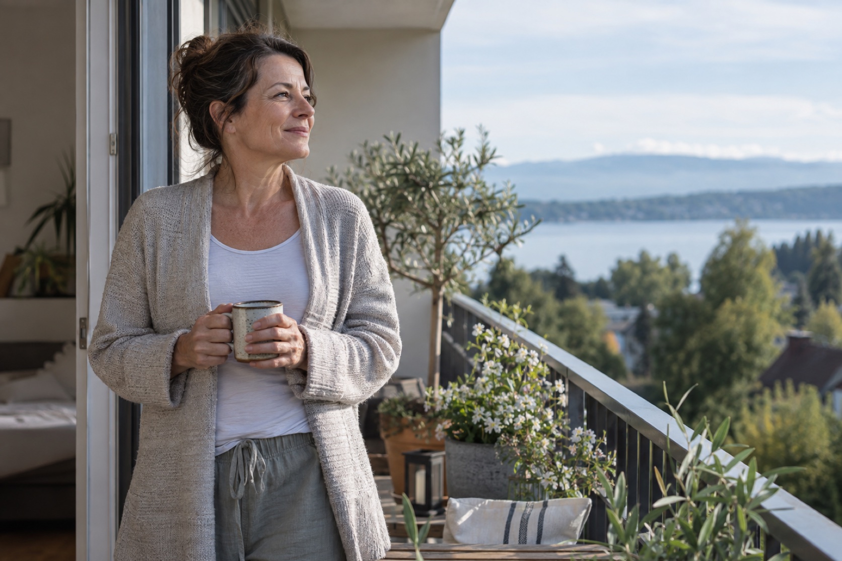 A woman steps onto a balcony into soft morning daylight.