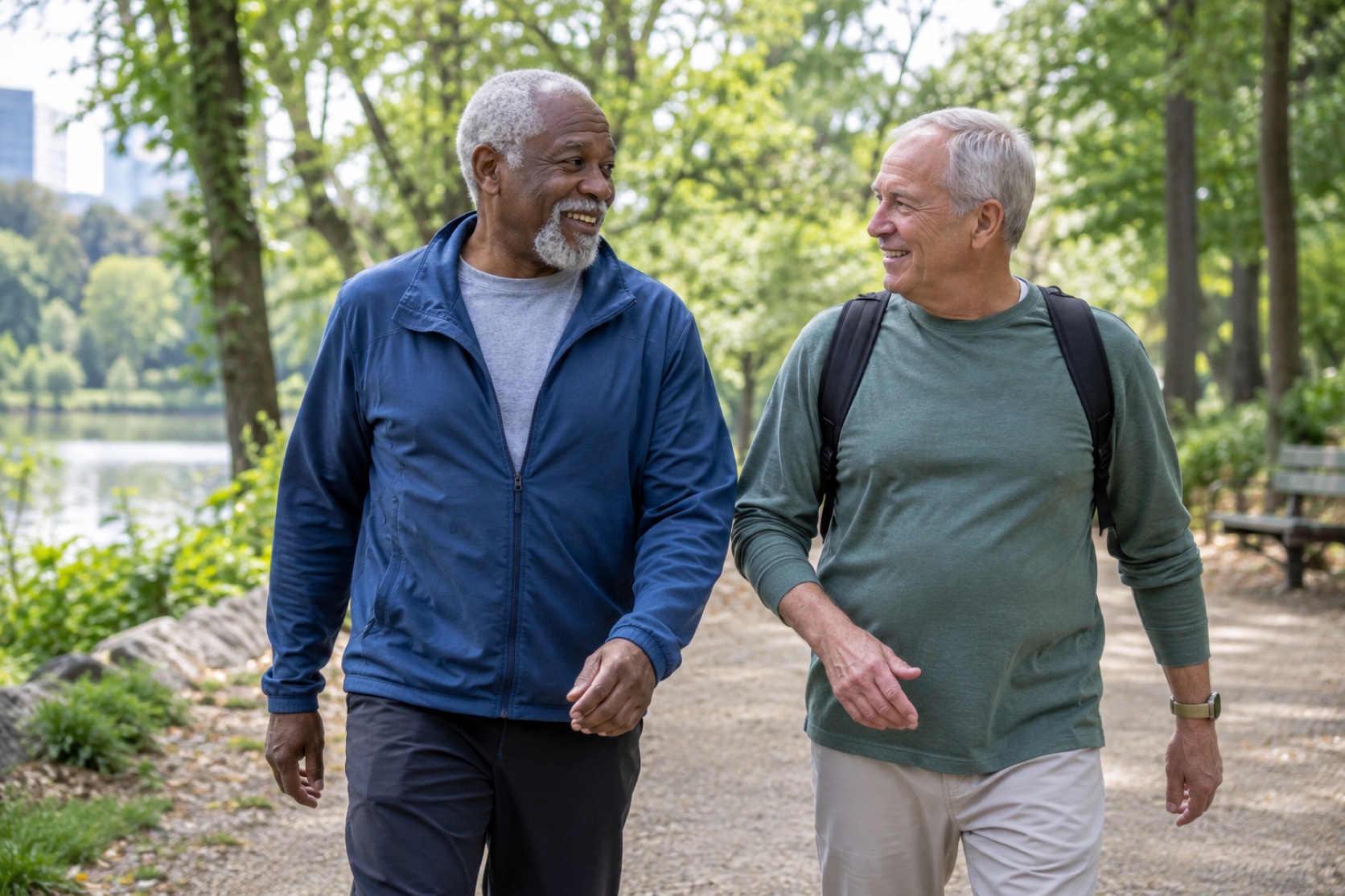 An older man takes a comfortable outdoor walk with a friend.
