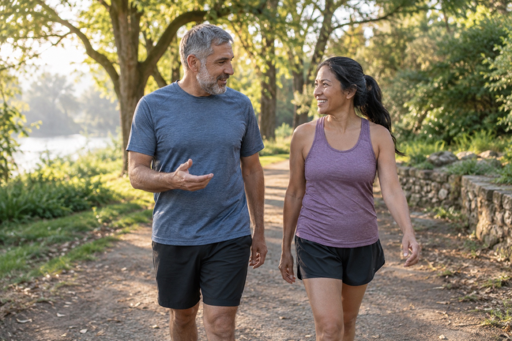 A recreational runner slows to walk and talks with a companion on a park path.