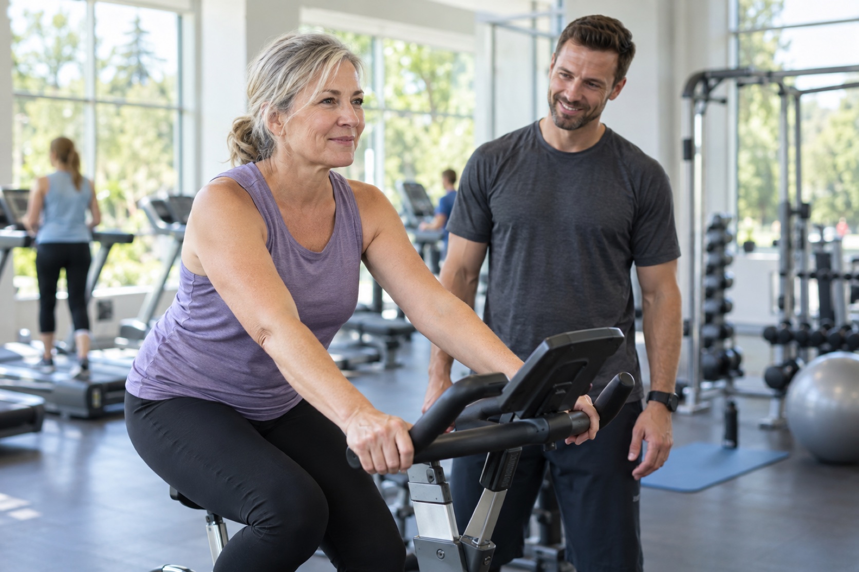 A woman cycles steadily on a stationary bike in a community gym.