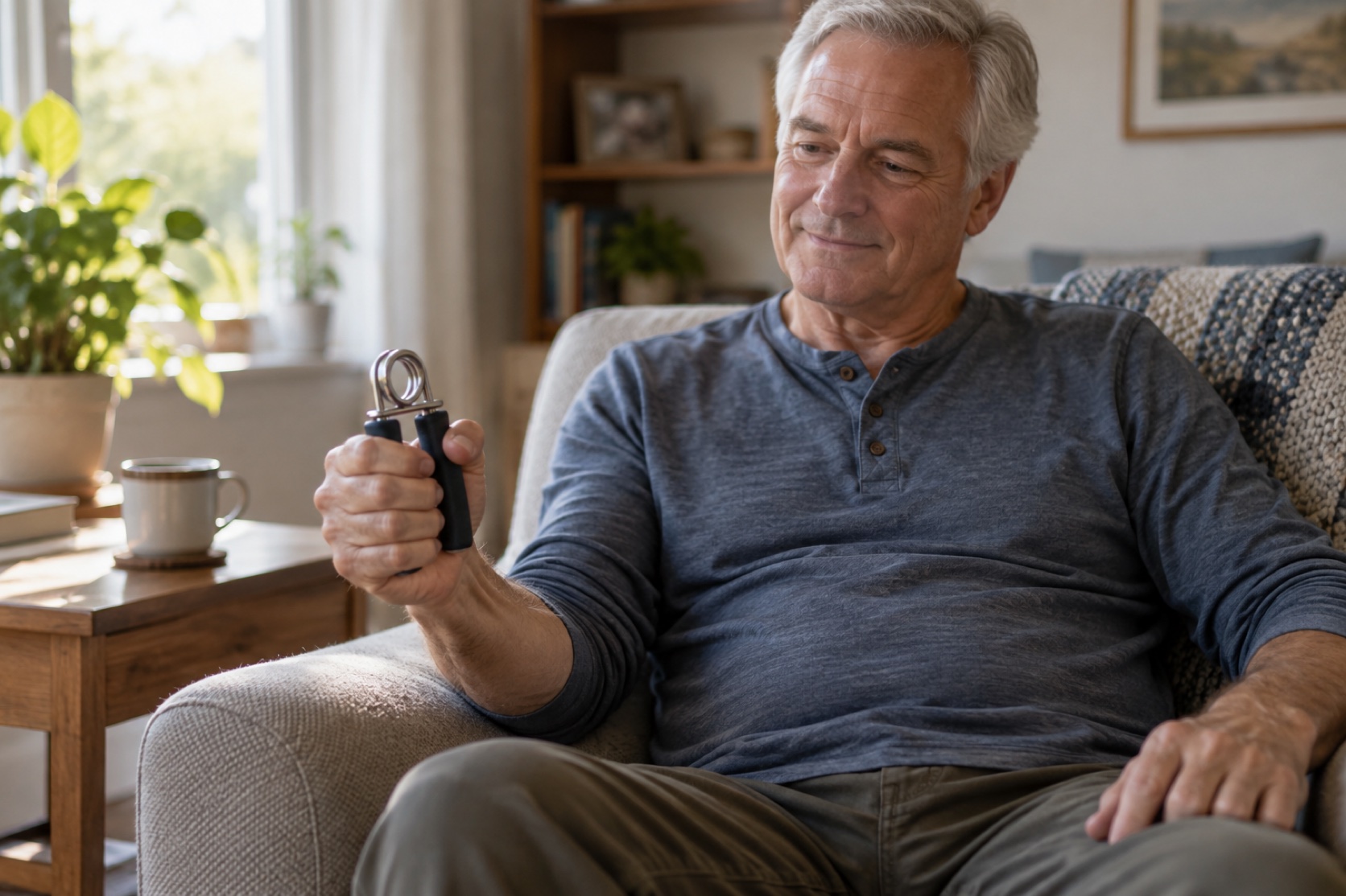 A man uses a light hand gripper while seated comfortably at home.