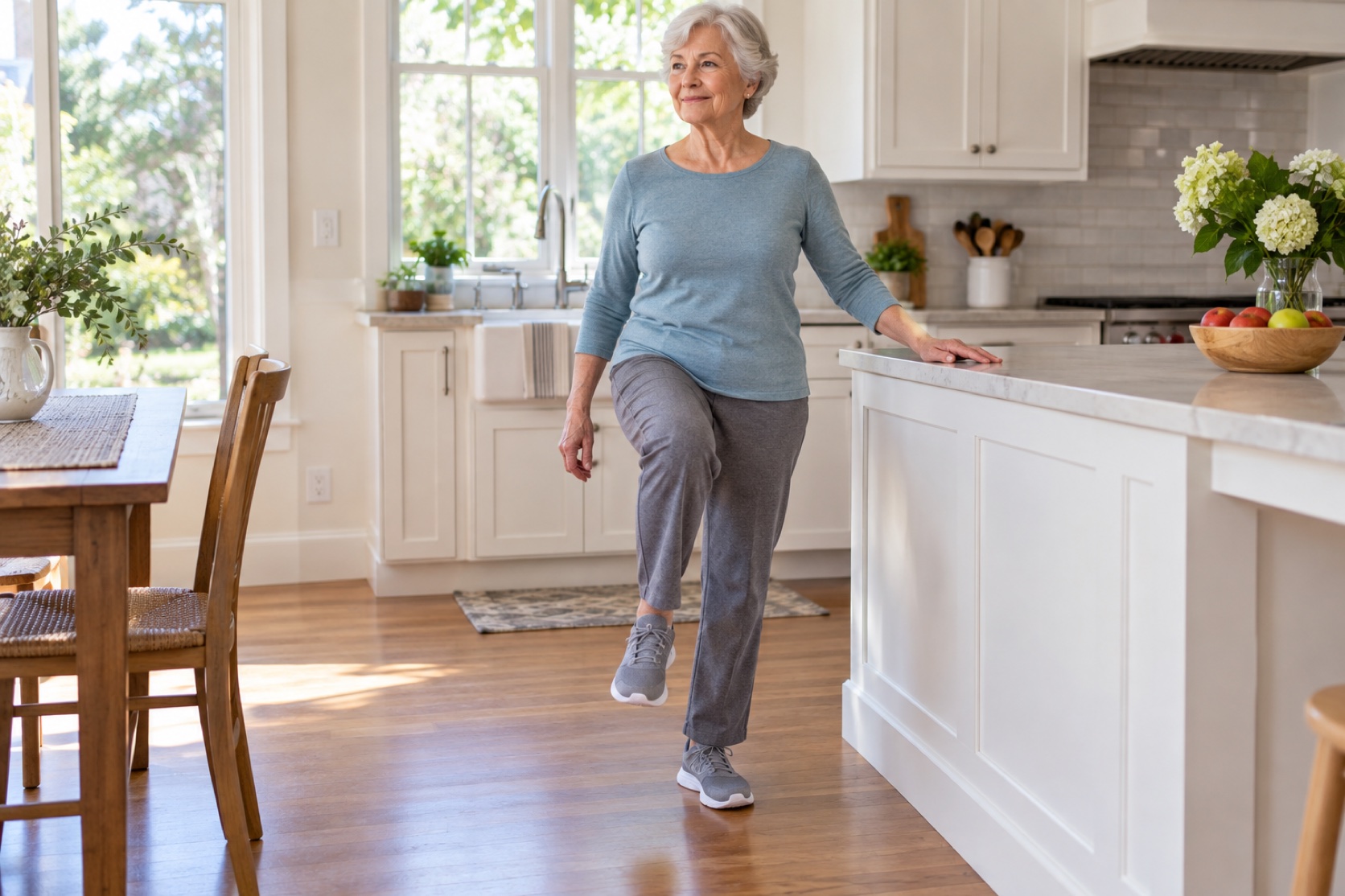 An older woman practices a supported balance step beside a sturdy counter.