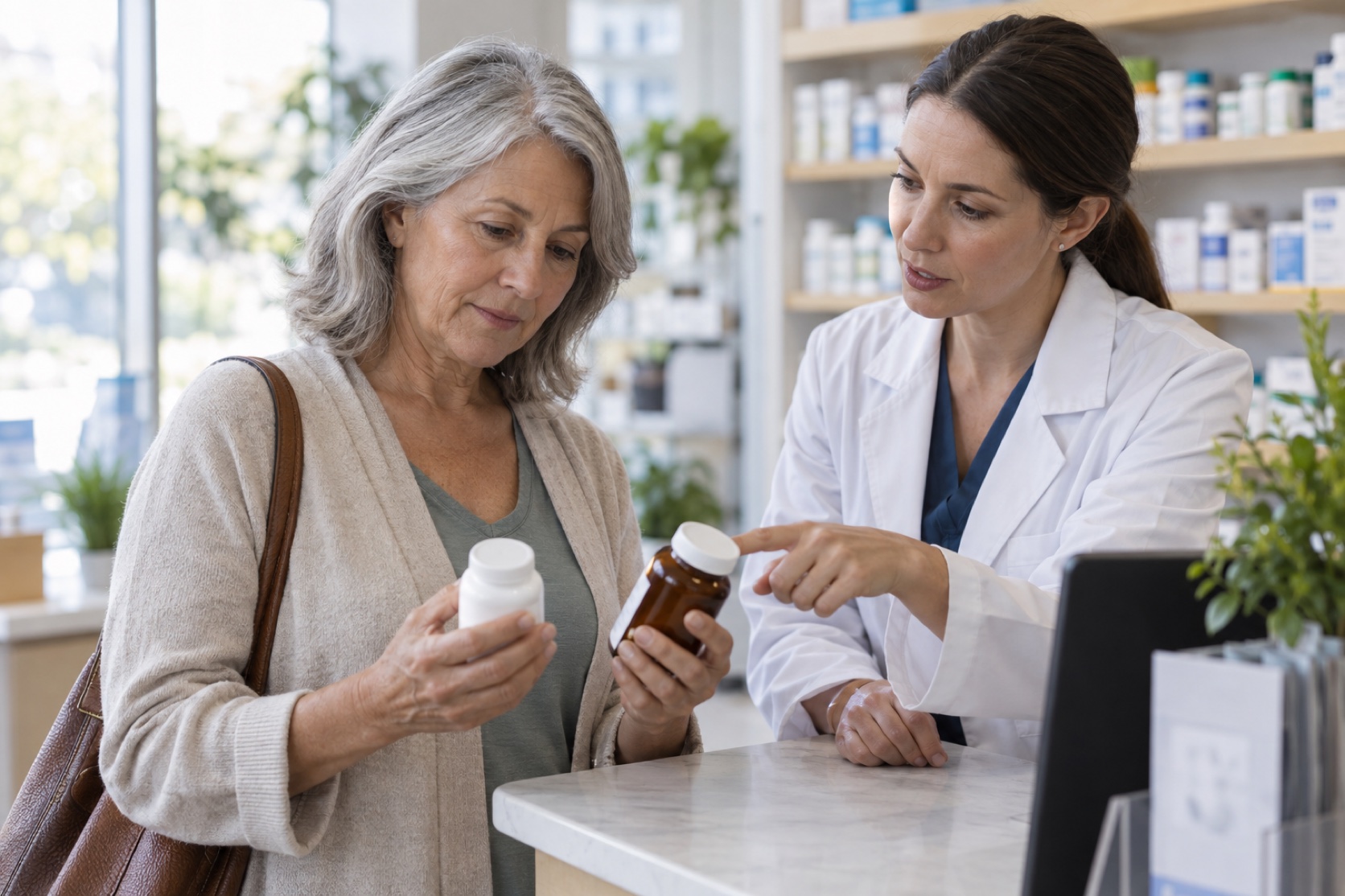 A woman compares generic supplement bottles with a healthcare professional.