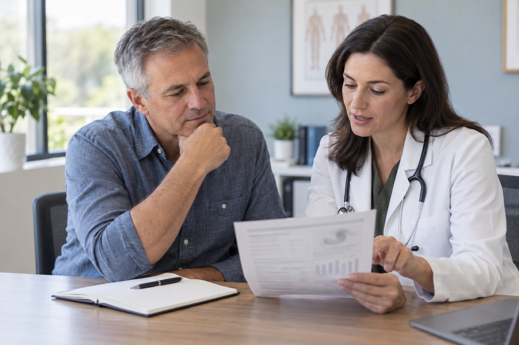 A man reviews a blurred lab report with a clinician.
