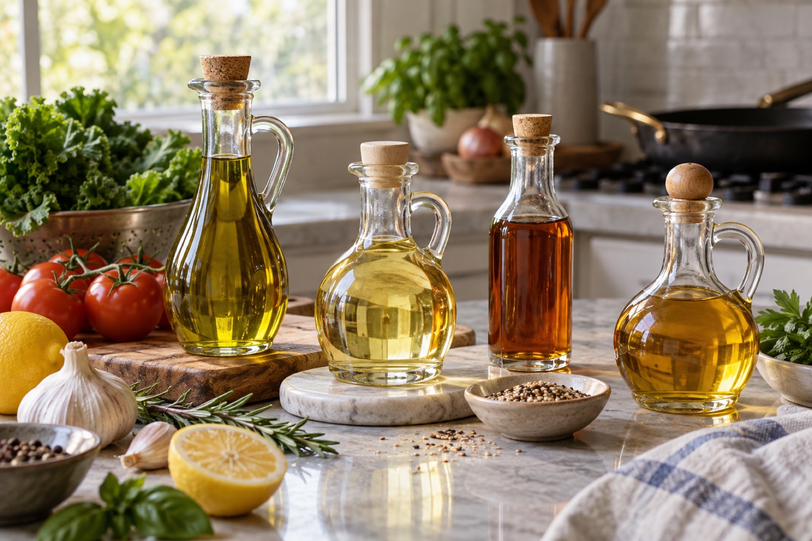 Unbranded cooking oils and vegetables sit on a home kitchen counter.