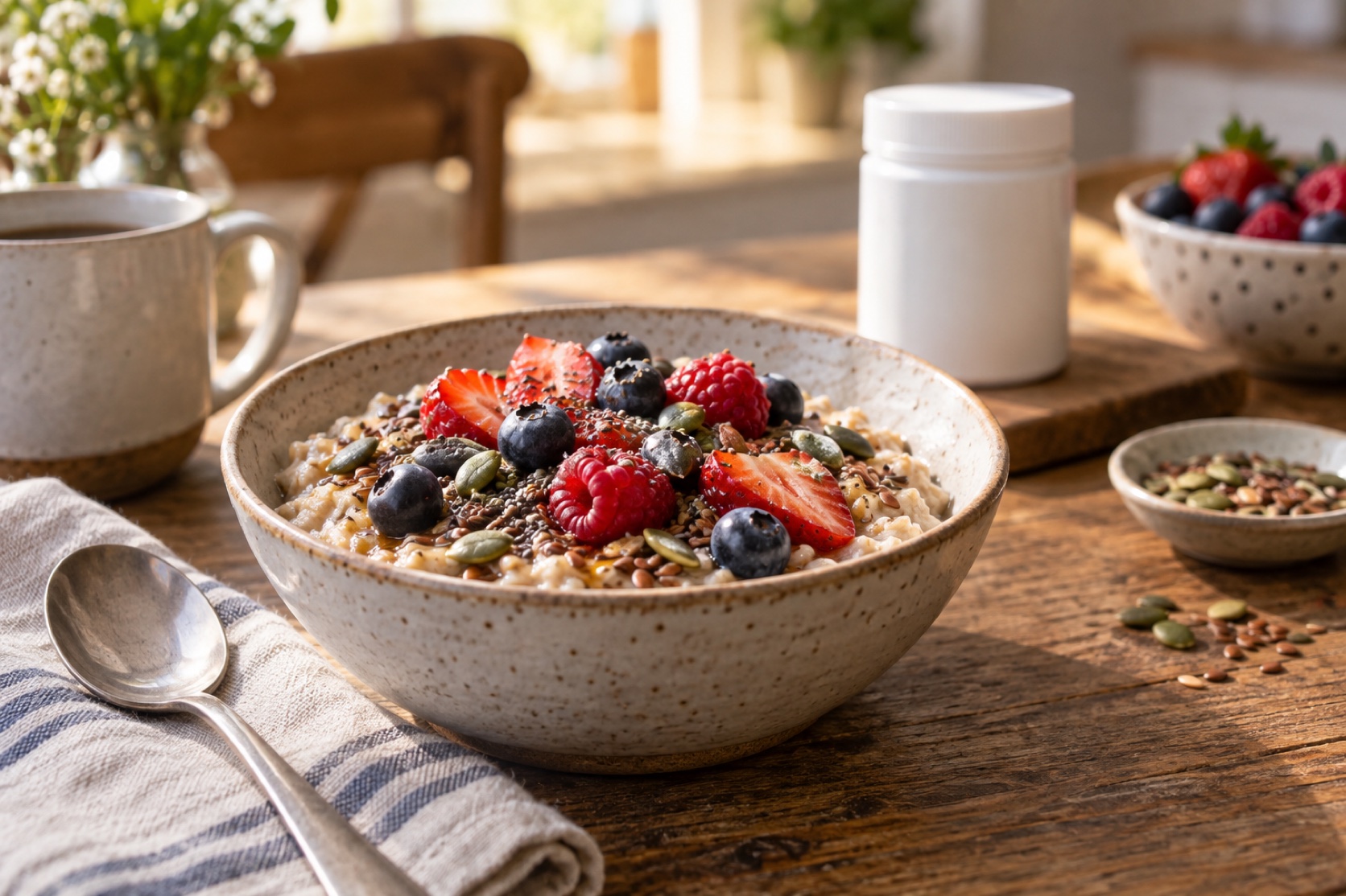 A bowl of oats, berries, and seeds sits beside a plain fiber container.
