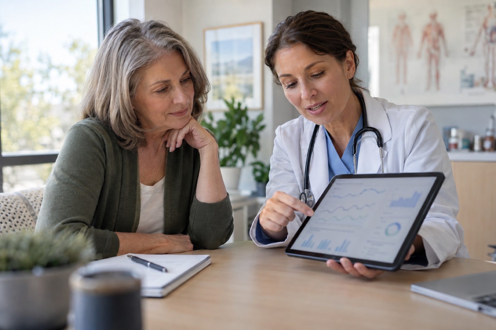 A woman and clinician look at a blurred series of lab results on a tablet.