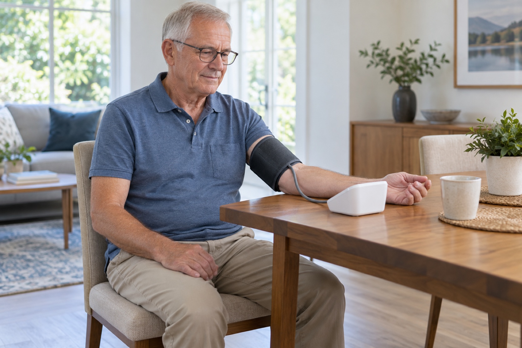 An older man sits with a blood pressure cuff correctly positioned at a table.