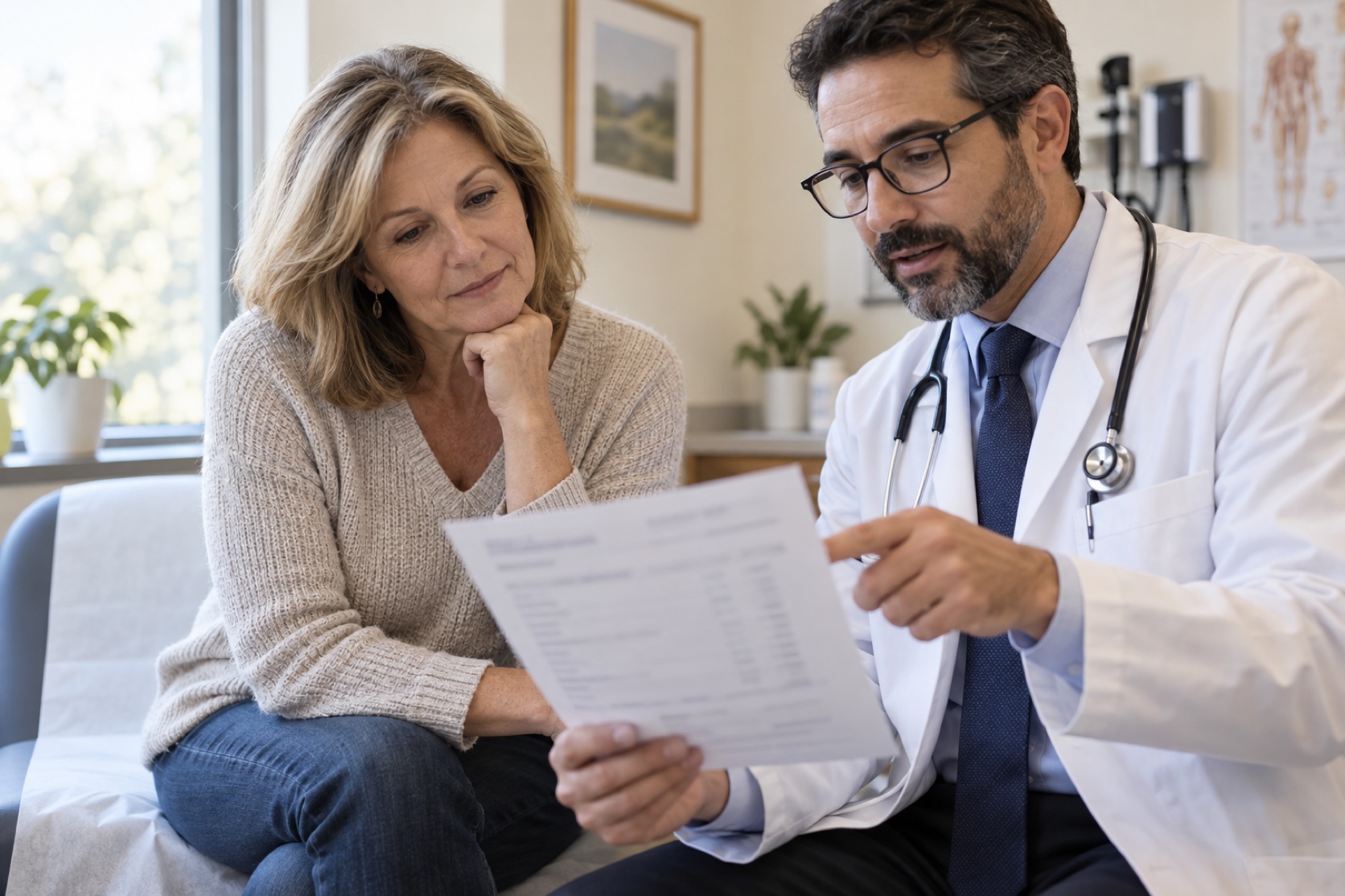 A woman discusses a blurred lipid panel with a clinician.