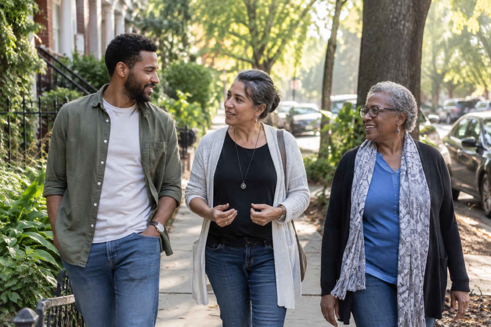 Three friends of different adult ages walk together in a leafy neighborhood.