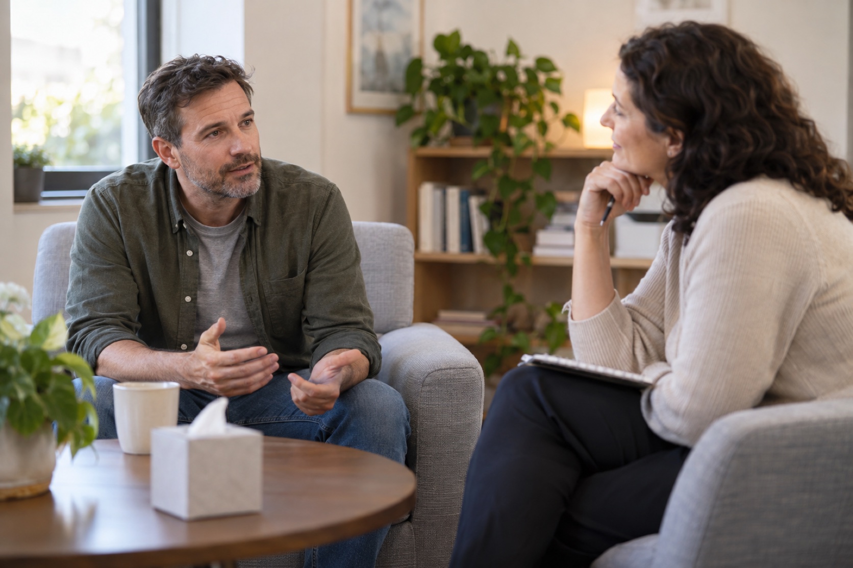 An adult talks with a mental-health professional in a quiet office.