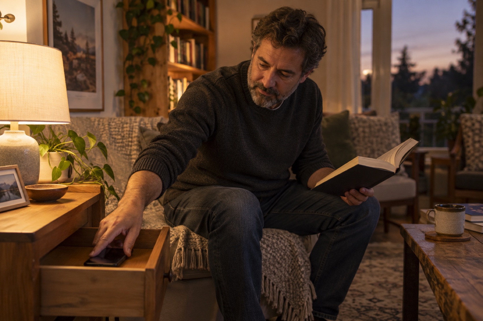 A man puts a smartphone away before reading a paper book in the evening.
