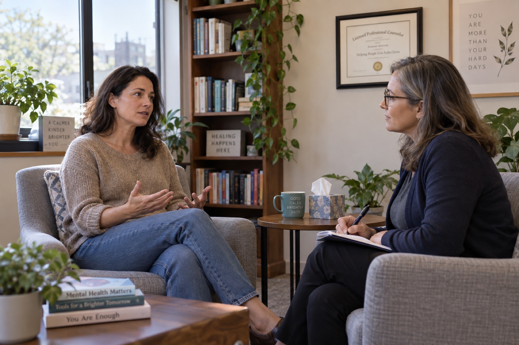 A woman discusses a difficult meditation experience with a counselor.