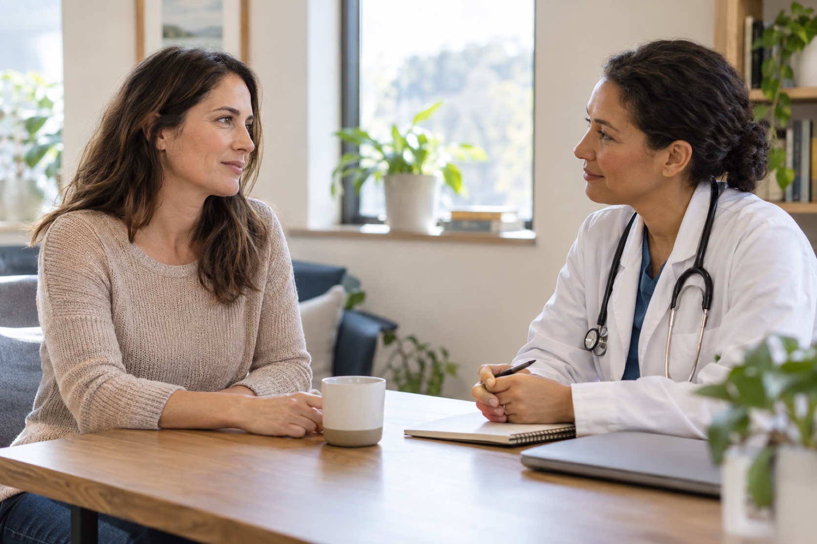 A woman speaks with a clinician in a calm office.
