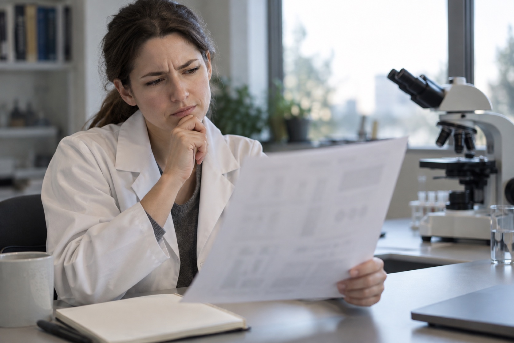 A researcher examines a blurred report at a desk with a microscope nearby.